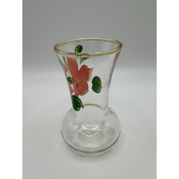 Vintage Bartlet Collins Clear Glass  Bud Vase Painted Flowers Gold Rim Pink 4" - Picture 3 of 5